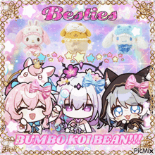 a picture of a bunch of stuffed animals with the words besties bumbo koi bean