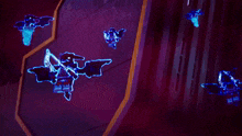 a purple and blue background with a few glowing objects