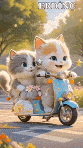 two kittens are riding on the back of a scooter