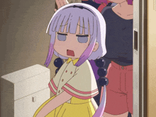 a girl with purple hair and a yellow dress