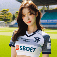 a woman wearing a sboet jersey stands on a soccer field