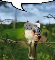 a person holding a gun with a box on their head that says 3 on it