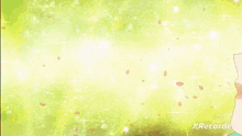 a girl with green hair looks up at the sky with a xrecorder watermark in the corner