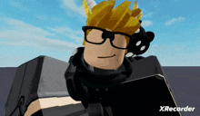 a cartoon character wearing glasses and a crown is holding a black box .
