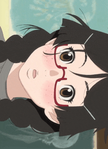 a girl wearing glasses and braids looks down at something