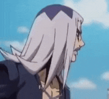 a cartoon character with long white hair is standing in front of a blue sky with clouds .