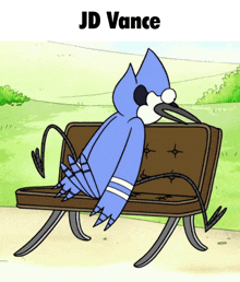 a cartoon blue bird is sitting on a bench with the name jd vance above it