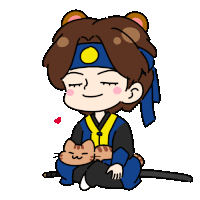a cartoon drawing of a man holding a cat and a sword