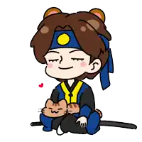 a cartoon drawing of a man holding a cat and a sword