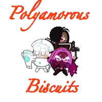 a group of cookies are standing next to each other with the words " polyamorous biscuits " written in red