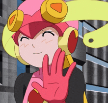 a cartoon character with a red hand and a yellow circle on her head