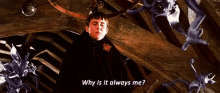 a boy in a black jacket is surrounded by monsters and says why is it always me