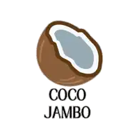 a coconut cut in half with the words coco jambo below it