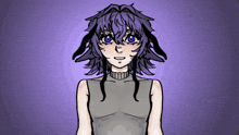 a girl with purple hair and blue eyes is wearing a sweater