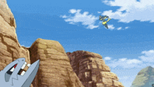 a cartoon of a pokemon flying through the air with a blue sky in the background