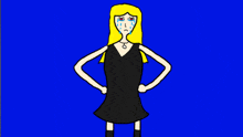 a girl in a black dress is crying with her hands on her hips against a blue background