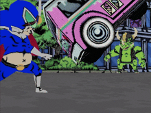 a cartoon of a man in a blue suit standing next to a monster