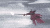 a red robot is flying through the air and shooting a beam of light