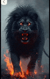 a black lion with red eyes is surrounded by flames on the ground