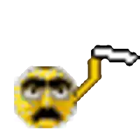 a pixel art drawing of a yellow smiley face with a white arrow pointing up