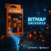 an advertisement for bitmap universe shows a cartoon character in a box