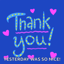 a blue background with pink hearts and the words thank you