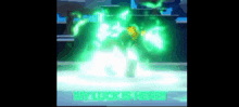 a cartoon character is surrounded by green smoke and the words " my luck is here "