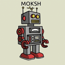a cartoon drawing of a robot with the name moksha written above it
