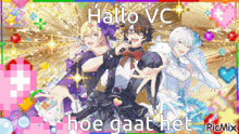 a pixel art of three anime characters with the words hallo vc hoe gaat het