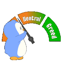 a penguin is pointing at a gauge that says neutral