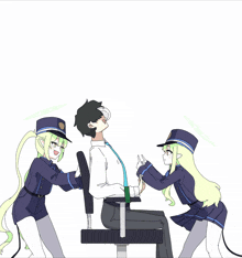 a man in a chair is surrounded by two girls in uniform