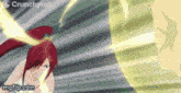a woman with red hair is fighting a man with a yellow lightning bolt coming out of his chest .