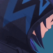 a close up of a person 's face with blue hair and pink eyes