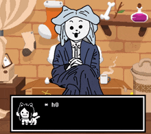 a pixel art drawing of a person sitting at a table with a purple potion on a shelf