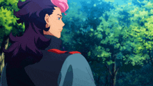 a cartoon character with purple hair and blue eyes