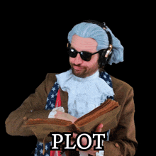 a man wearing a wig and sunglasses is reading a book with the word plot written on it