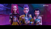 three cartoon girls are standing next to each other holding boxes of netflix chips .