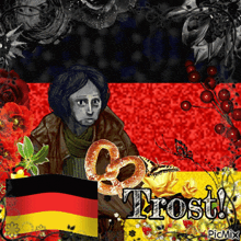 a picture of a girl holding a pretzel and the word trost