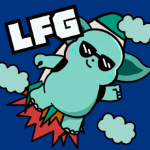 a cartoon character wearing sunglasses is flying through the air with the word lfg behind him