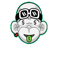 a monkey wearing sunglasses has a dollar sign sticking out of its mouth