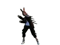 a person wearing a bunny hat is dancing with their arms in the air