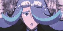 a cartoon character with blue hair and goggles on