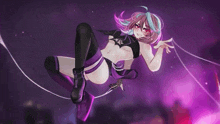 a girl in a bikini is hanging from a rope in a purple room .
