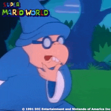 a cartoon character from super mario world is wearing a blue hat and glasses .
