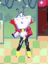 a pixel art drawing of a cartoon character with a red cape