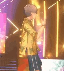 a man in a hawaiian shirt and shorts is standing on a stage in front of a crowd .