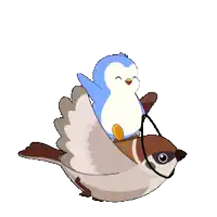 a penguin sits on the back of a sparrow