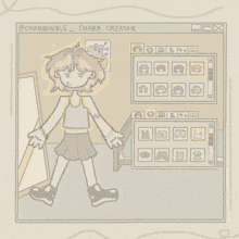 a drawing of a girl standing in front of a mirror with a chara creator window open