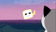 a cartoon cat is looking at a marshmallow that is flying in the air