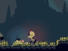 a pixel art illustration of a person standing in front of a large explosion .